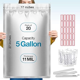 20 Pcs 5 Gallon Mylar Bags With Oxygen Absorbers - 11 Mil Thick - With Sticker Labels and Closure Clip - Smell Proof, Zipper Closure Heat Resealable Large Mylar Bags For Food Storage