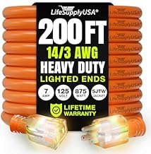 200ft Outdoor/Indoor Extension Cord 14/3 Gauge Heavy Duty 3 Prong SJTW, Waterproof, Flexible Cold-Resistant Long Power Cord,7A 125V 875W, Orange by LifeSupplyUSA