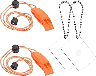 Eco-Fused 2X Survival Whistle and 2X Signal Mirror - Outdoor Survival Kit Rescue Flash Mirror - Clip-on Whistle with Lanyard - Backpacking, Camping, Marine Use, Outdoor Activities
