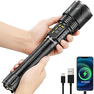 70W High Powerful Rechargeable Tactical Flashlights 10,000 Lumens, XHP360 LED Wick Super Bright with Zoomable & USB Output, Large Capacity Dual Powered Waterproof for Emergencies, Camping, Searching