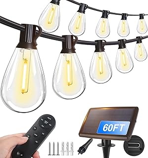 Tenmiro 60FT Solar String Lights Outdoor with Remote and 16+2 LED Shatterproof Bulbs Dimmable & Timing 3 Light Modes Solar Patio String Lights for Cafe, Garden, Deck, Outside Wedding Last for 10+Hrs