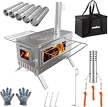 Hot Tent Stove, unho Wood Burning Stove, Portable Wood Stove with 6 Stainless Chimney Pipes for Outdoor Heating & Cooking, Ice Fishing, Hunting,Winter Warmth